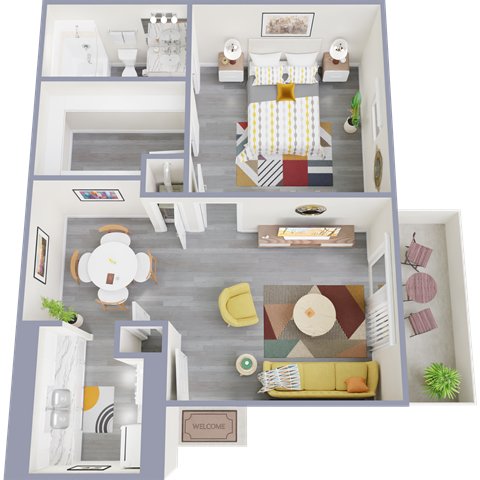 a 3d rendering of a 1 bedroom apartment
